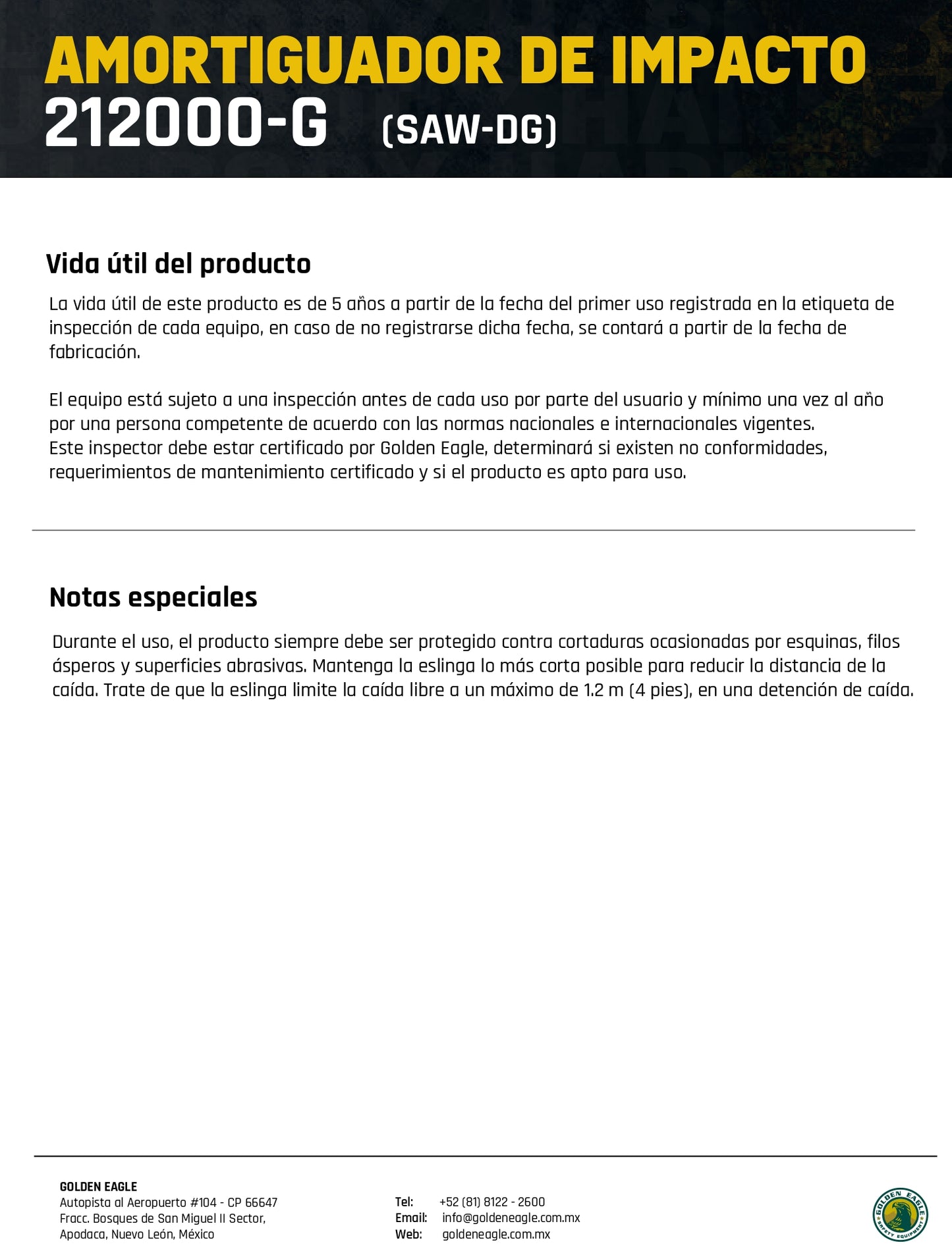 LINEA DE VIDA CON AMORTIGUADOR CON DOBLE GANCHO GRANDE SAW-DG GOLDEN EAGLE