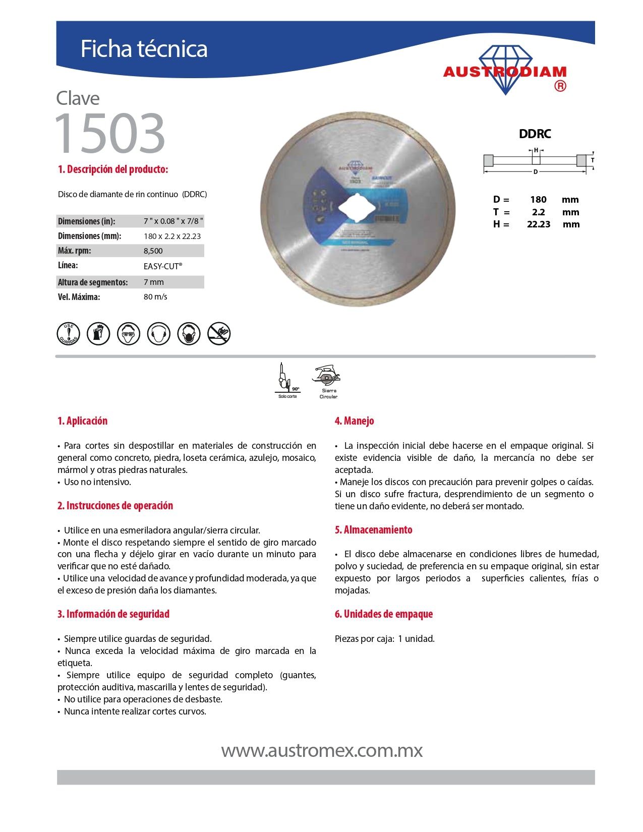 Disco de Diamante 7" RIN CONT EASYCUT Mod. 1503 AUSTROMEX