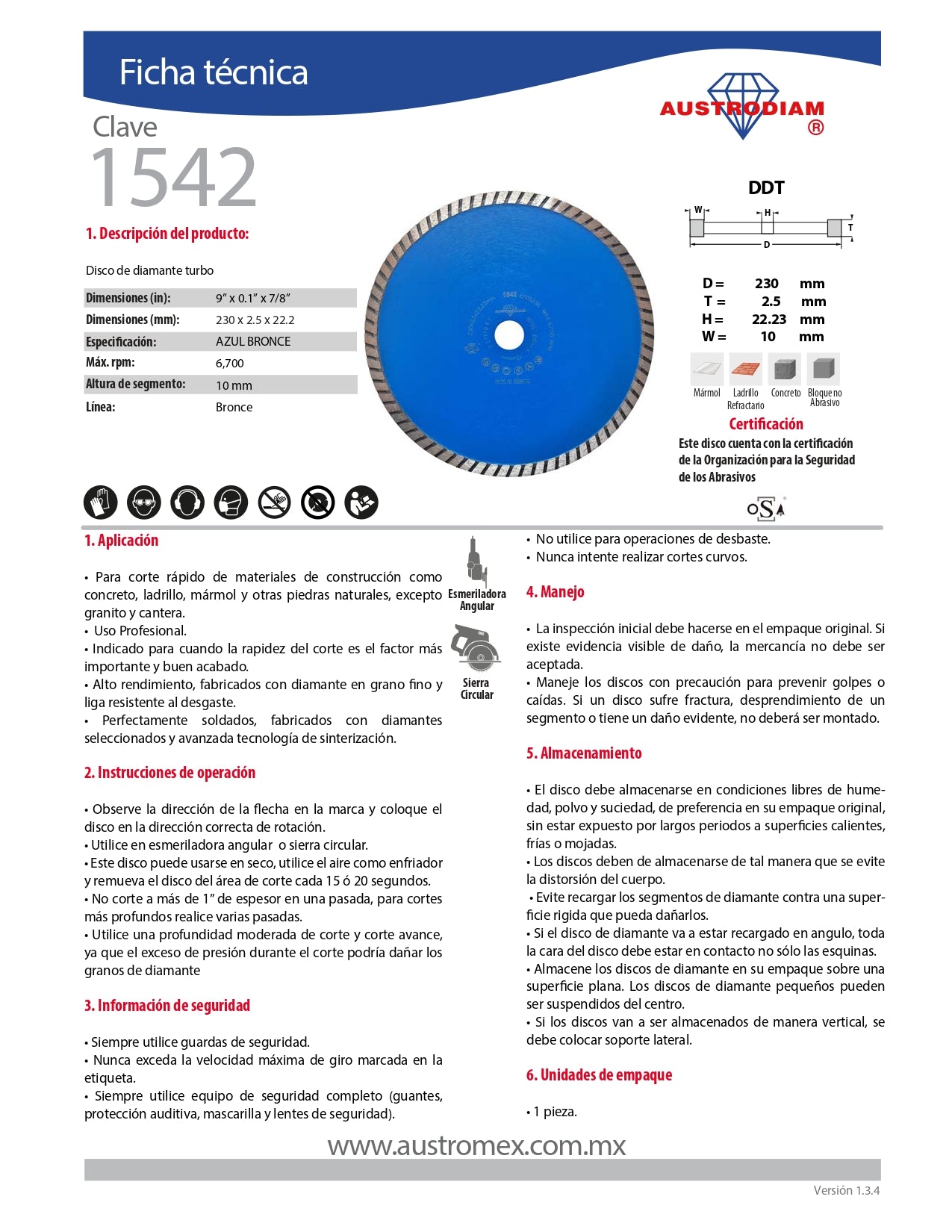 Disco de Diamante 9" RIN CONT BRONCE Mod. 1542 AUSTROMEX