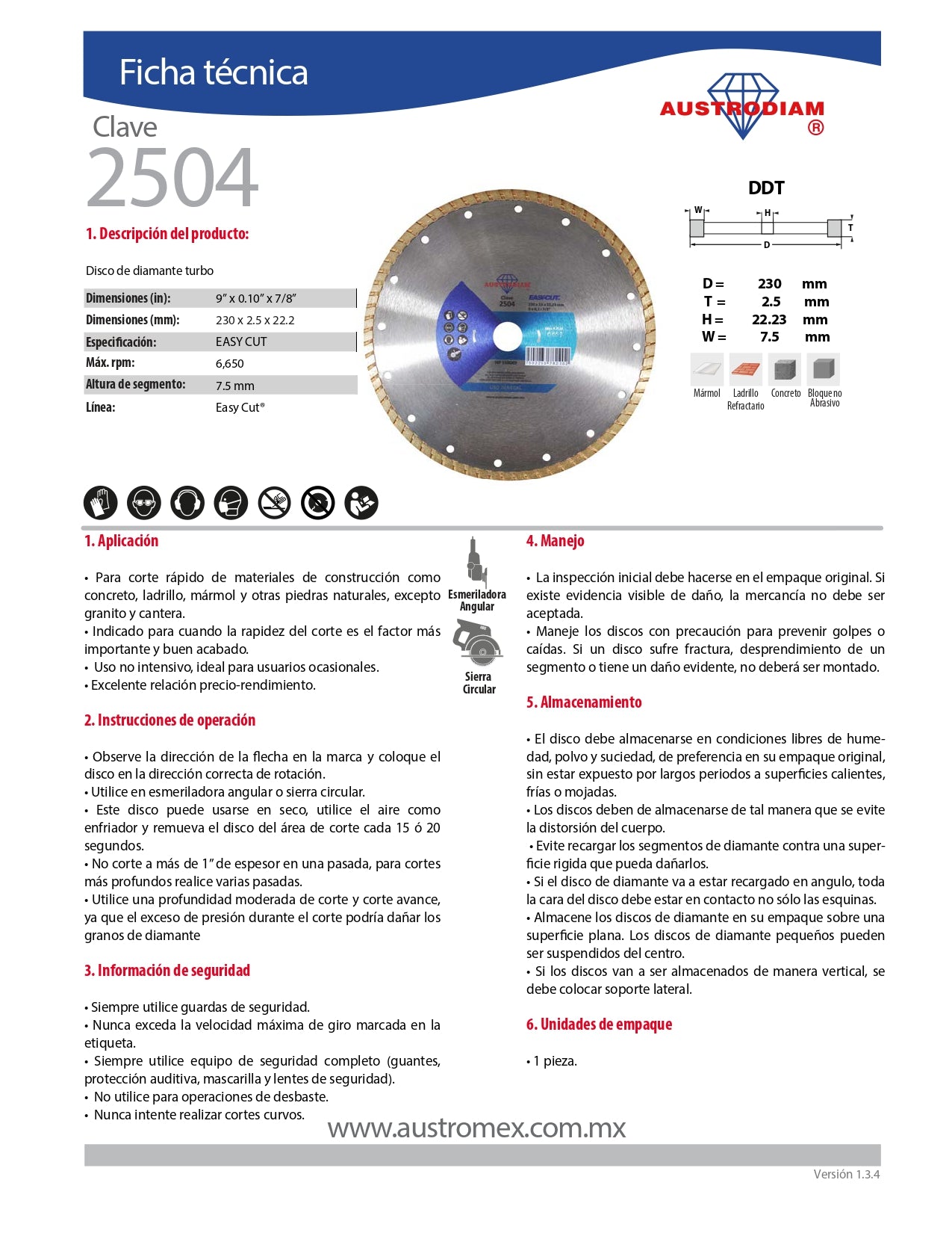 Disco de Diamante 9 X 7/8''(7.5) TURBO EASY CUT Mod. 2504 AUSTROMEX