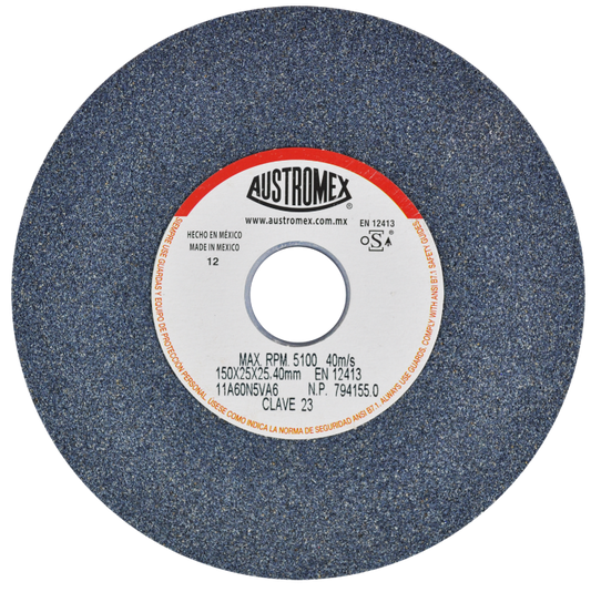Rueda Abrasiva para esmerilar todo tipo de acero, hierro forjado de 150 x 25 x 25.40 mm C.23 AUSTROMEX