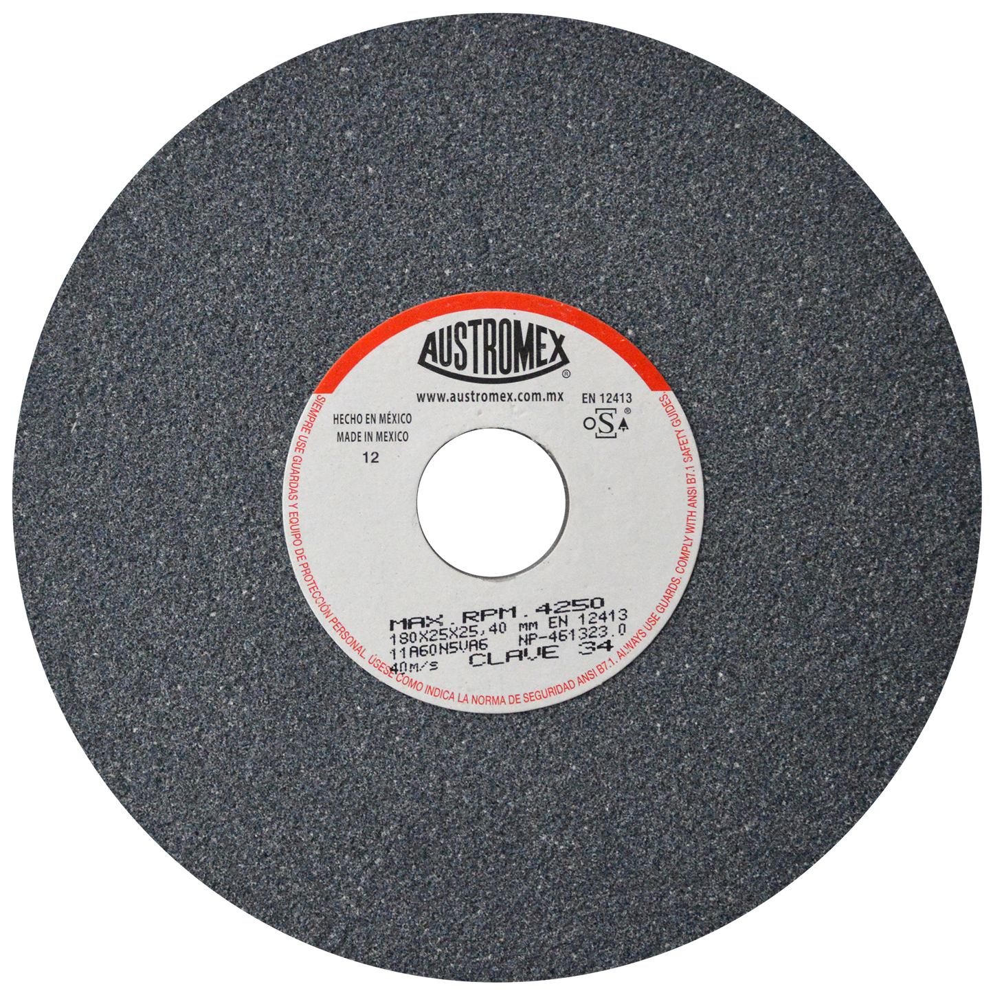 Rueda Abrasiva para esmerilar todo tipo de acero, hierro forjado de 180 x 25 x 25.40 mm C.34 AUSTROMEX