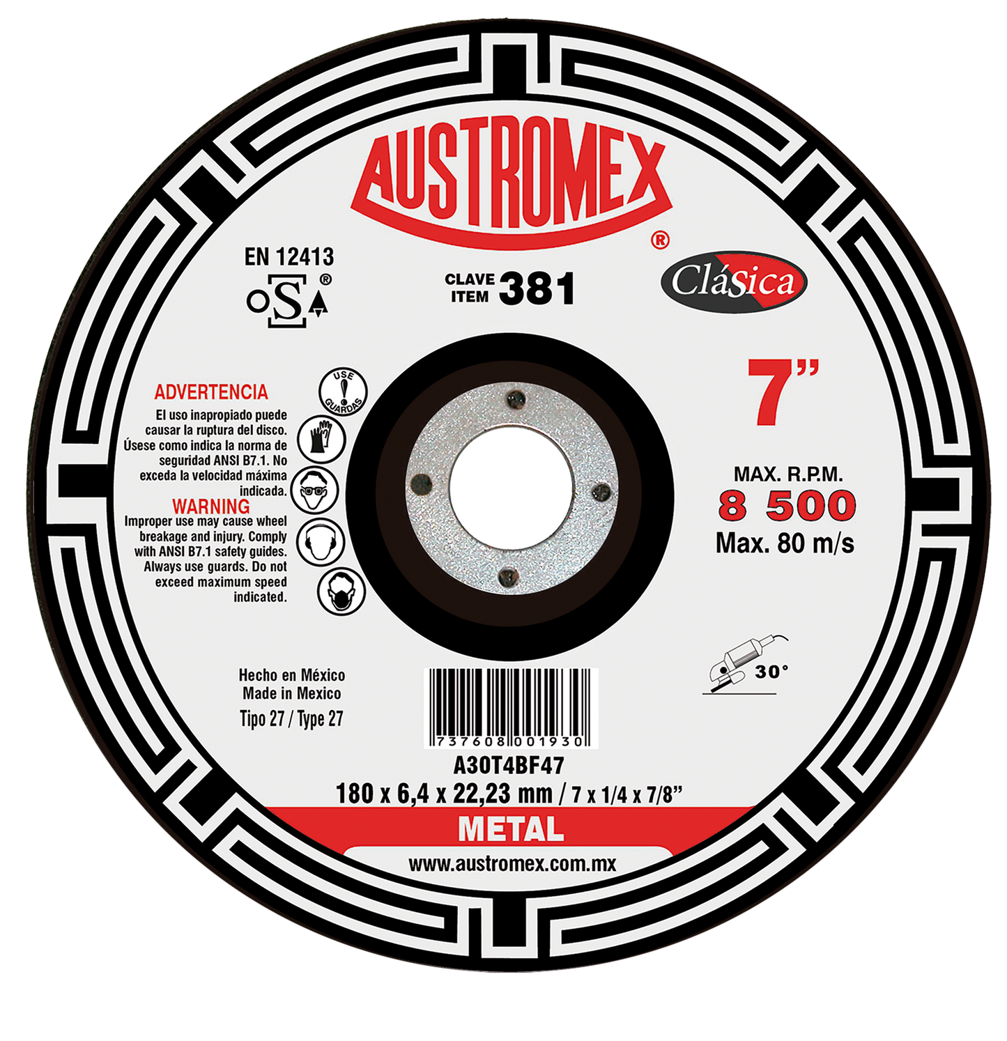 Disco para Desbaste de Metal 7x1/4"x7/8" (27) CLASICA Mod. 381 AUSTROMEX