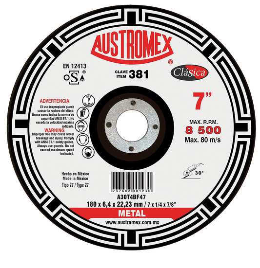Disco para Desbaste de Metal 7x1/4"x7/8" (27) CLASICA Mod. 381 AUSTROMEX
