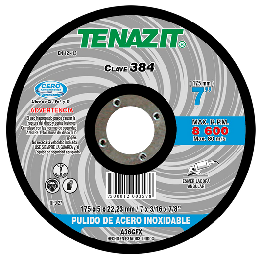 Disco para Pulir Inox 7”x3/16"x7/8" (27) TENAZIT Mod. 384 AUSTROMEX