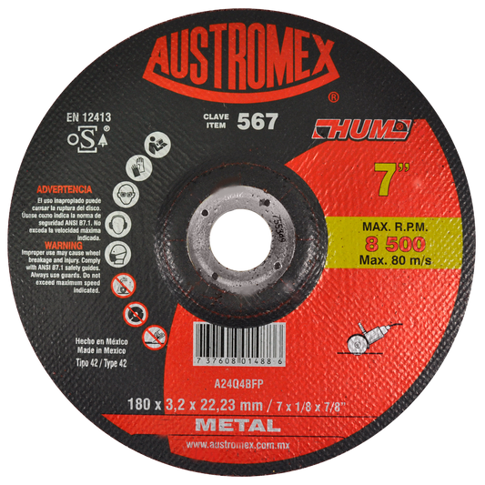 Disco para Corte de Metal 7"x1/8"x7/8" (42) HUM Mod. 567 AUSTROMEX