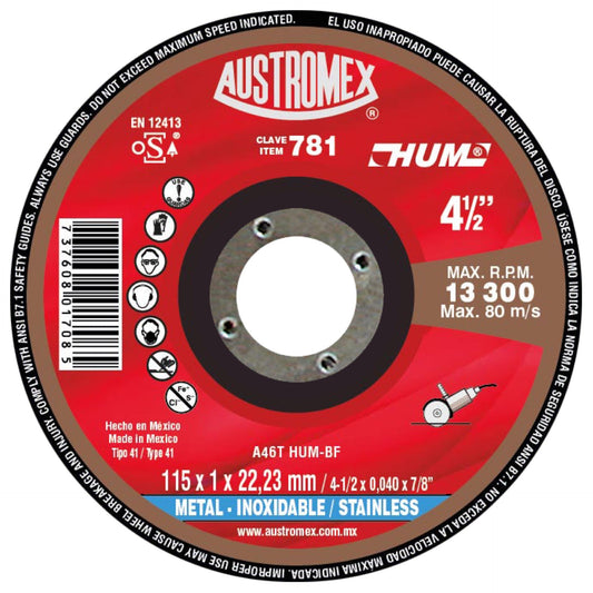 Disco para Corte de Metal INOX 4-1/2"x.040"x7/8" (41) HUM Mod. 781 AUSTROMEX