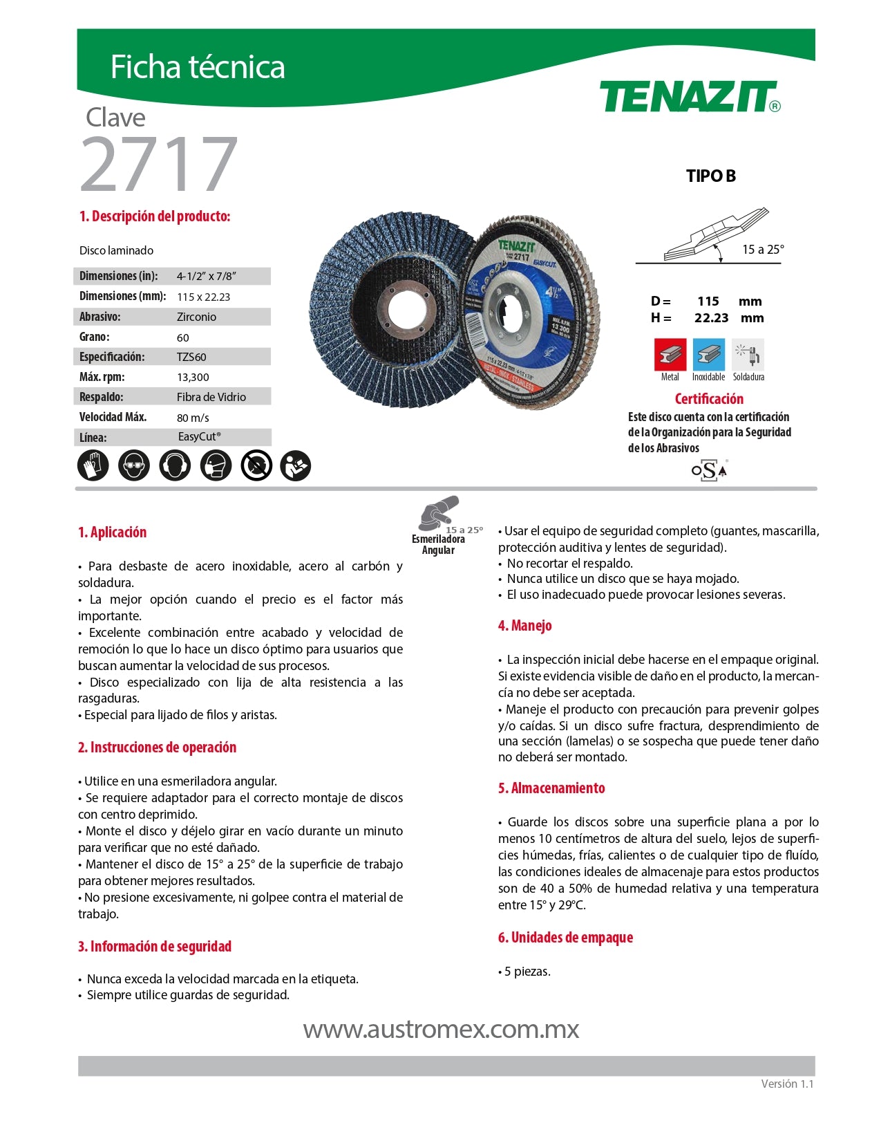 Disco Laminado 4-1/2x7/8" TZS G-60 Mod. 2717 AUSTROMEX TENAZIT