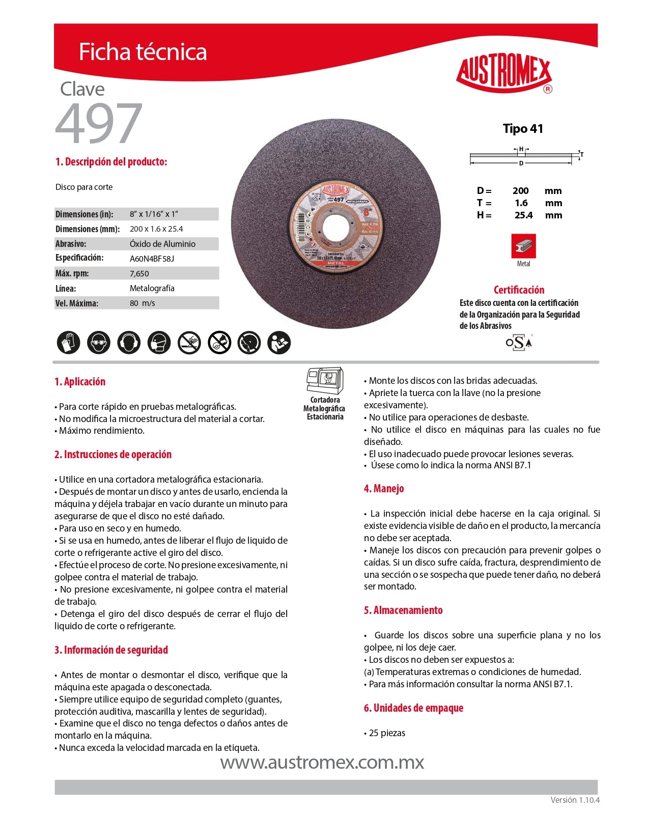 Disco para Corte de Metal 8 x1/16"x1" (41) Mod. 497 AUSTROMEX