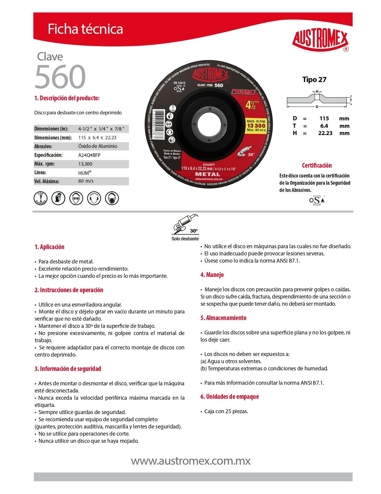 Disco para Desbaste de Metal 4-1/2"x1/4"x7/8" (27) HUM Mod. 560 AUSTROMEX