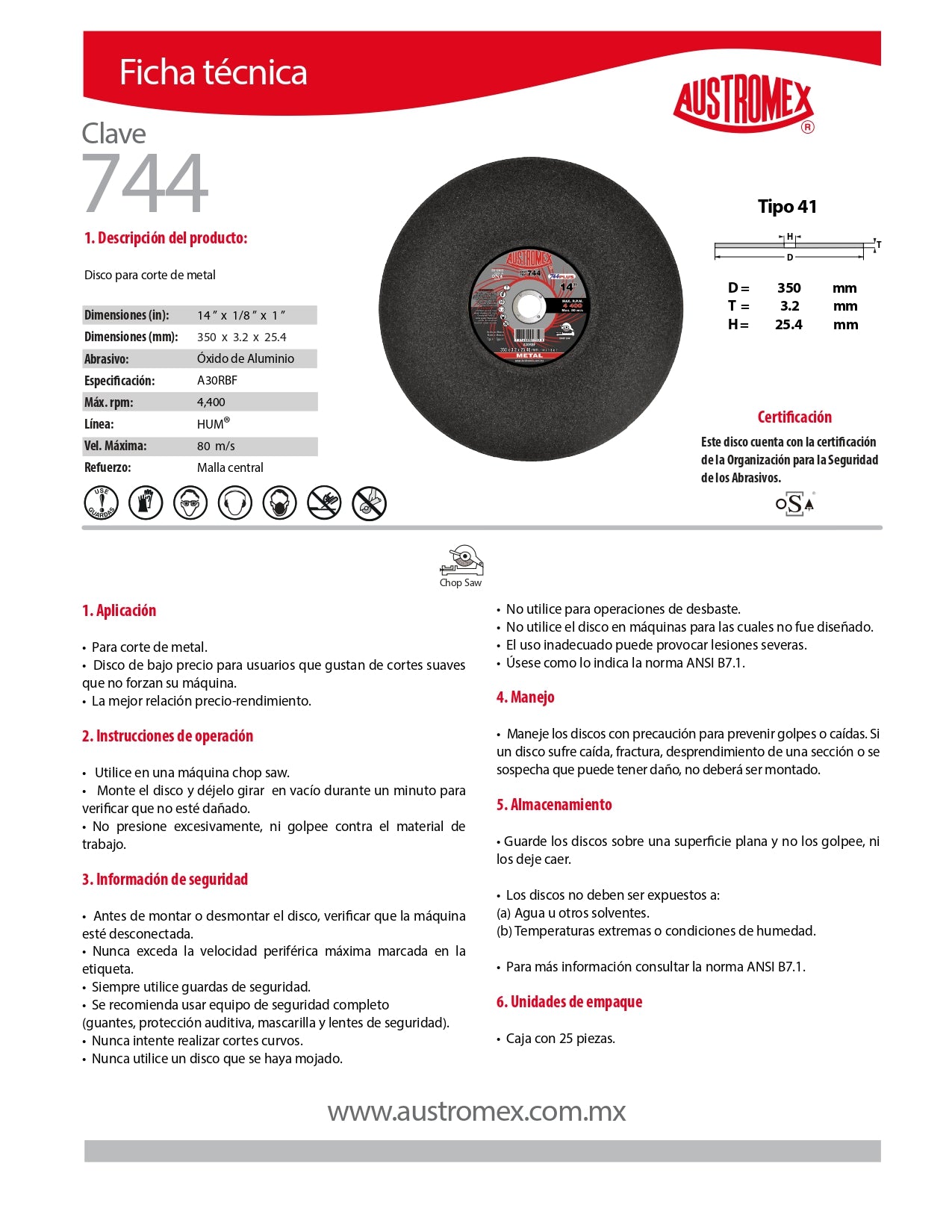 Disco para Desbaste de Metal 4-1/2 x1/4"x7/8" (27) CLASICA Mod. 774 AUSTROMEX