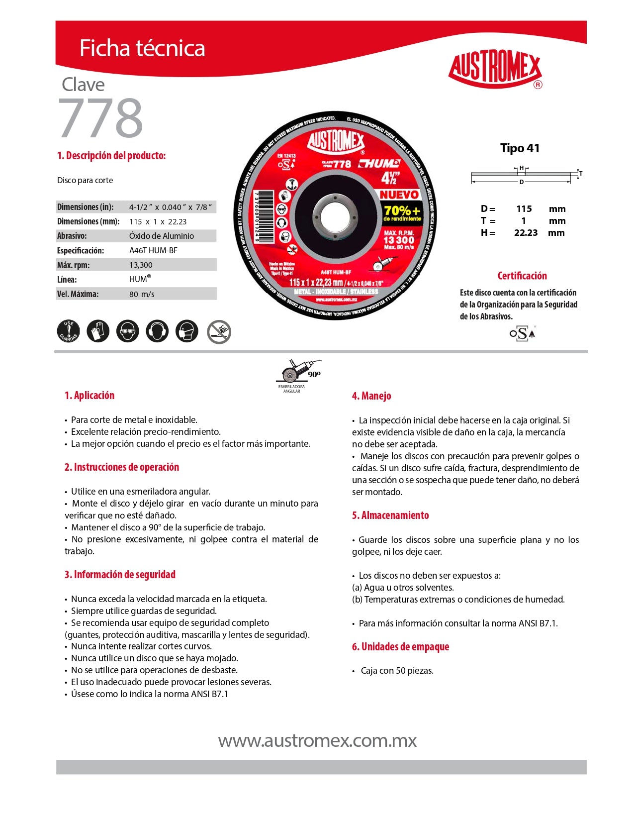 Disco para Corte de Metal 4-1/2"x.040"x7/8" (41) HUM Mod. 778 AUSTROMEX
