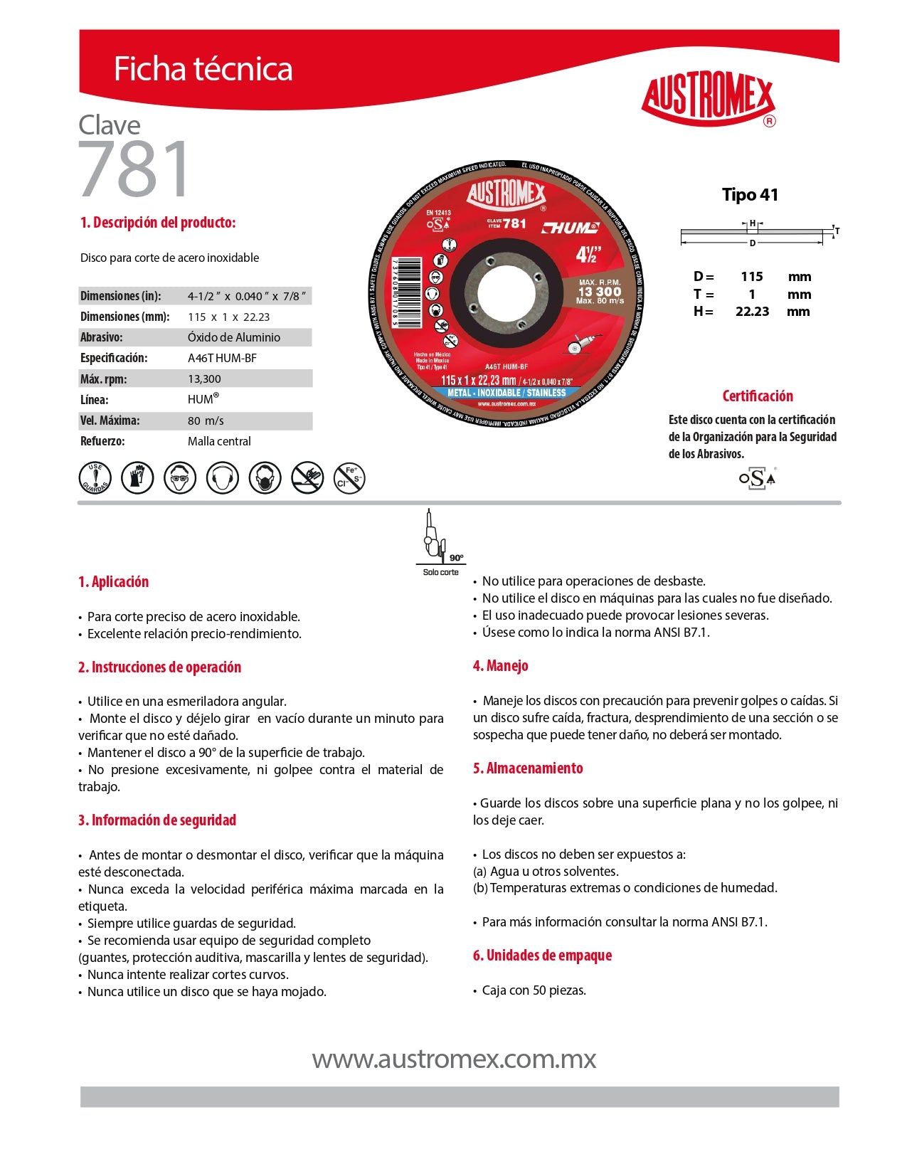 Disco para Corte de Metal INOX 4-1/2"x.040"x7/8" (41) HUM Mod. 781 AUSTROMEX
