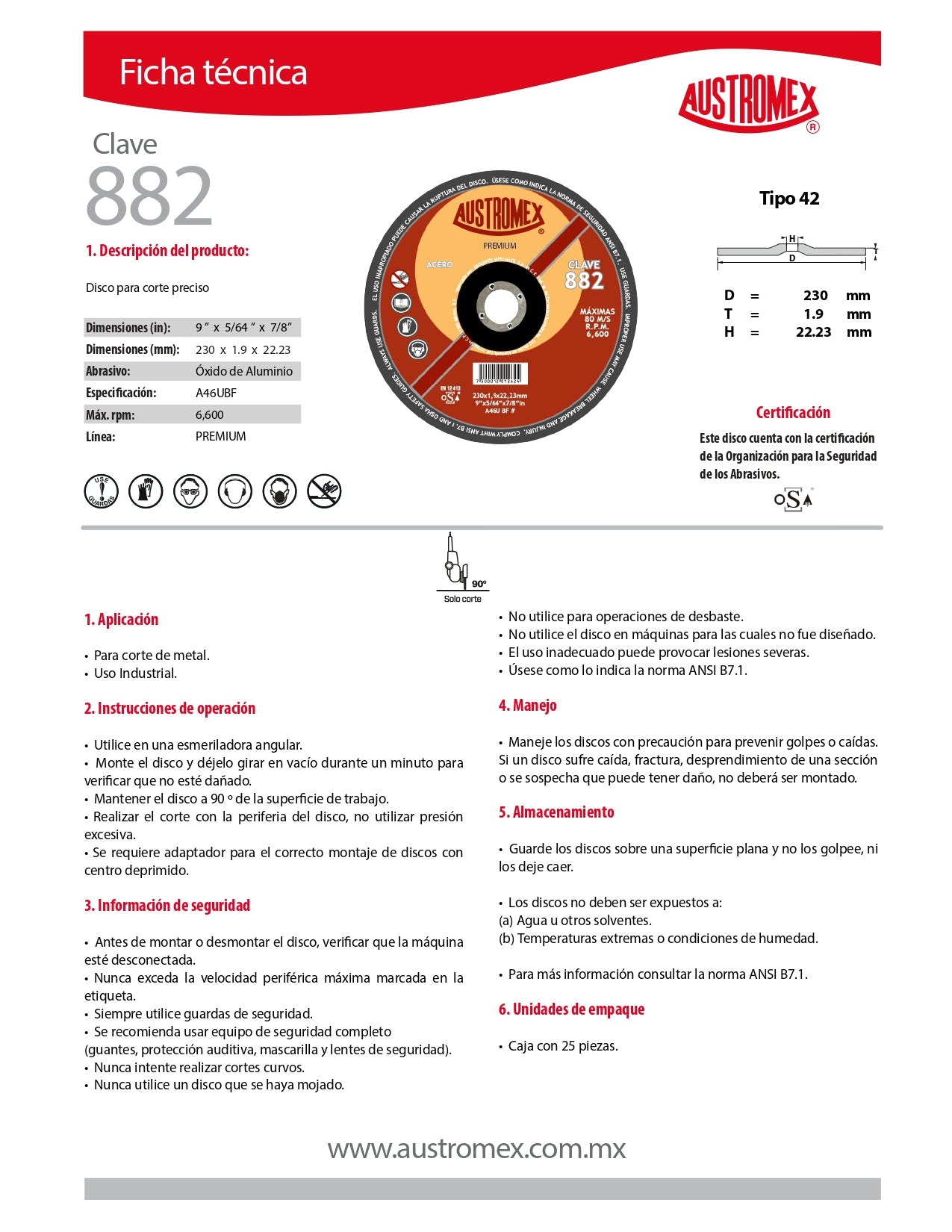 Disco para Corte de Metal 9x5/64"x7/8" (42) PREMIUM Mod. 882 AUSTROMEX