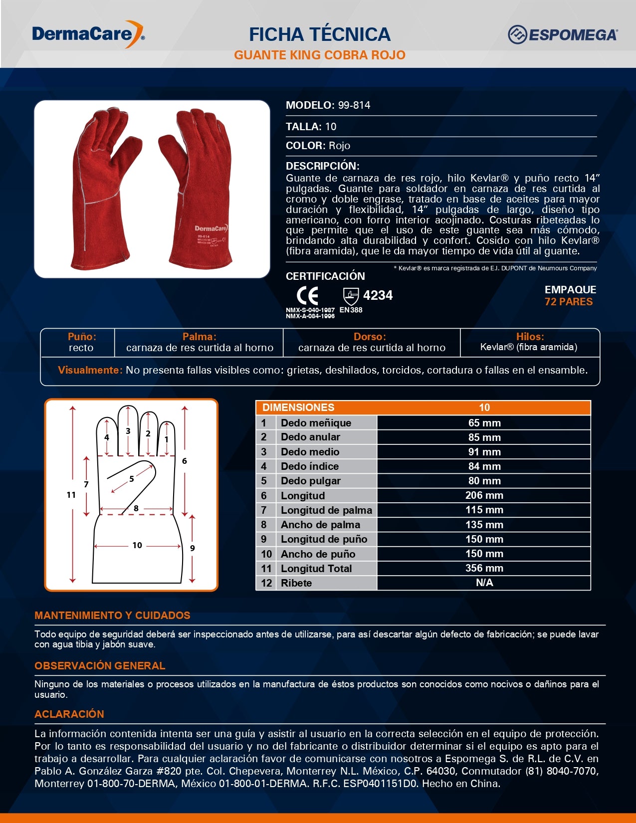 99-814 GUANTE SOLDADOR C/ HILO DE KEVLAR