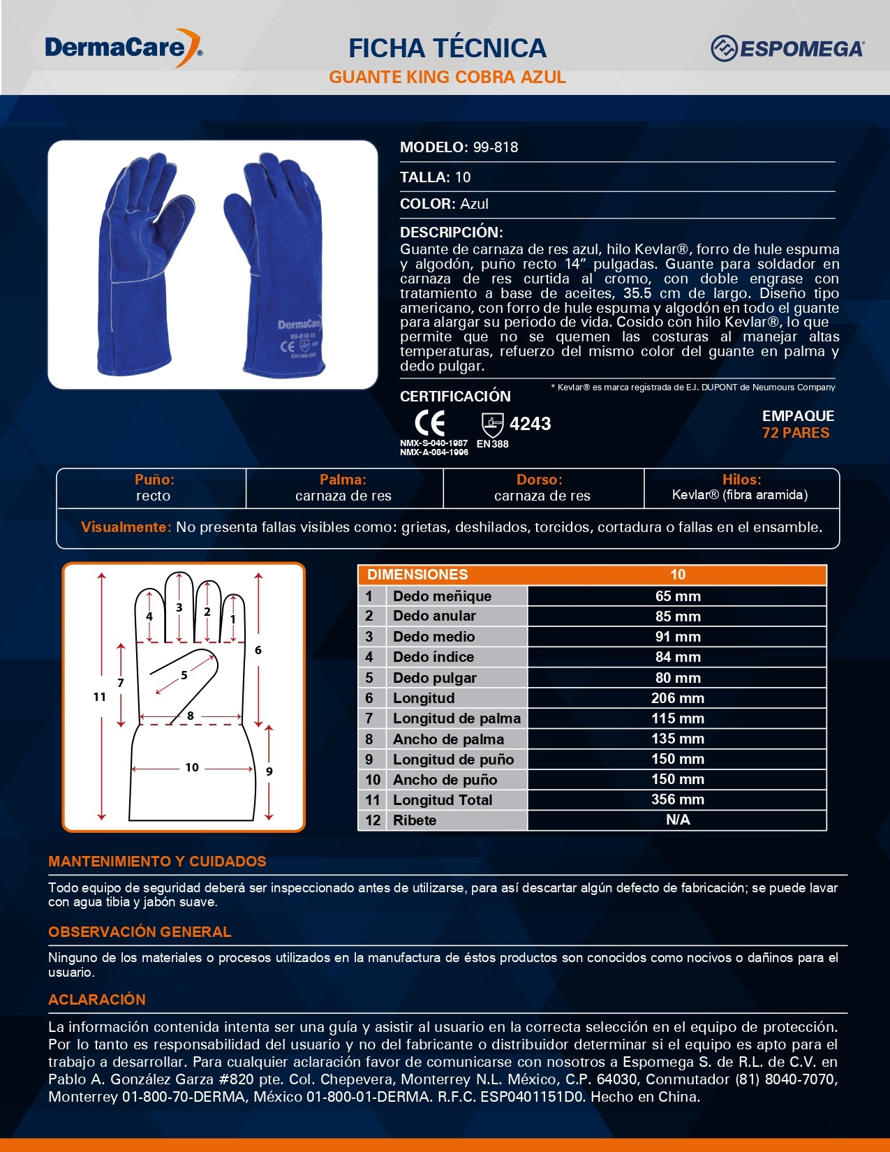 99-818 GUANTE SOLDADOR AZUL C/HULE ESPUMA HILO KEVLAR