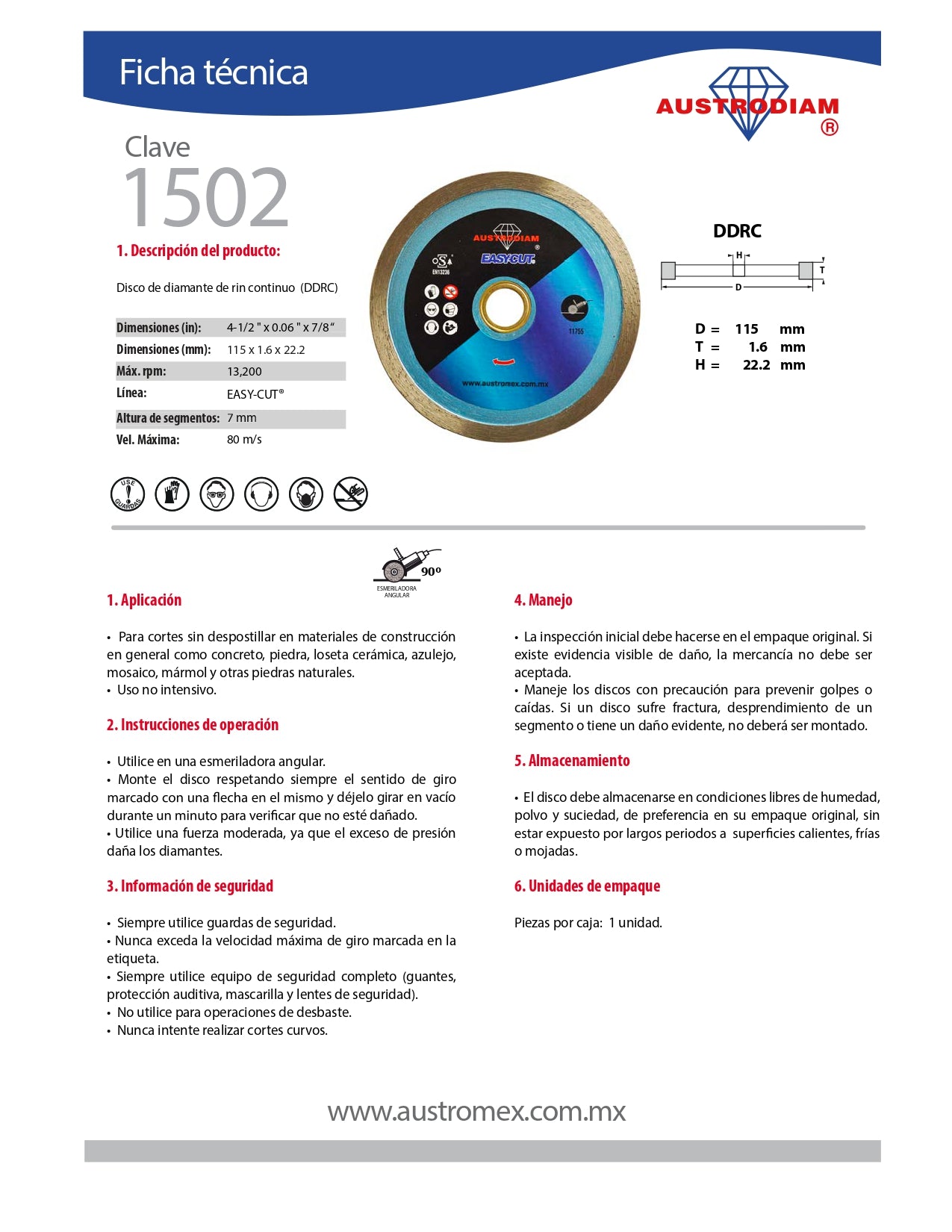 Disco de Diamante  4 1/2" RIN CONT EASYCUT Mod. 1502 AUSTROMEX