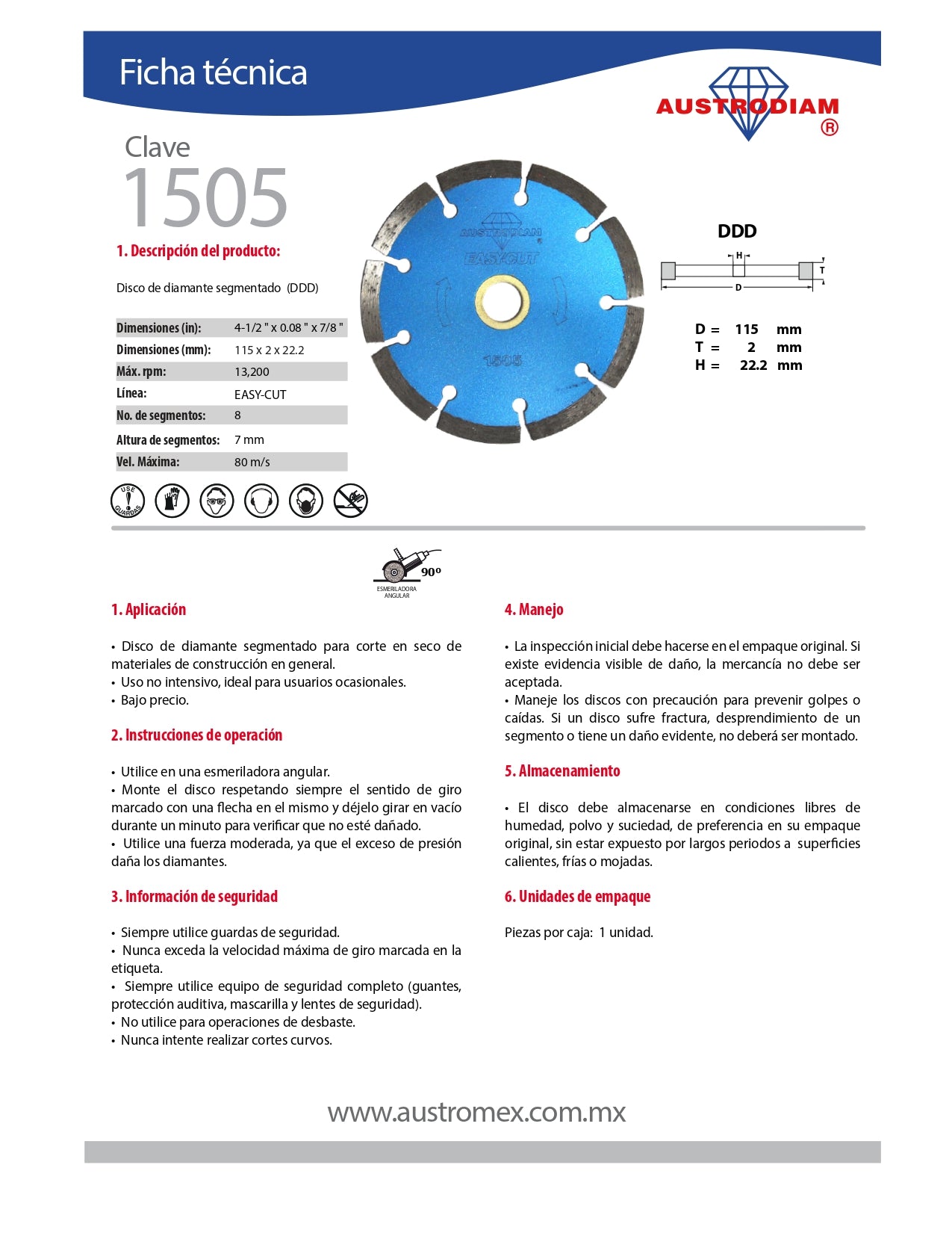 Disco de Diamante 4 1/2" RIN SEGM EASYCUT Mod. 1505 AUSTROMEX