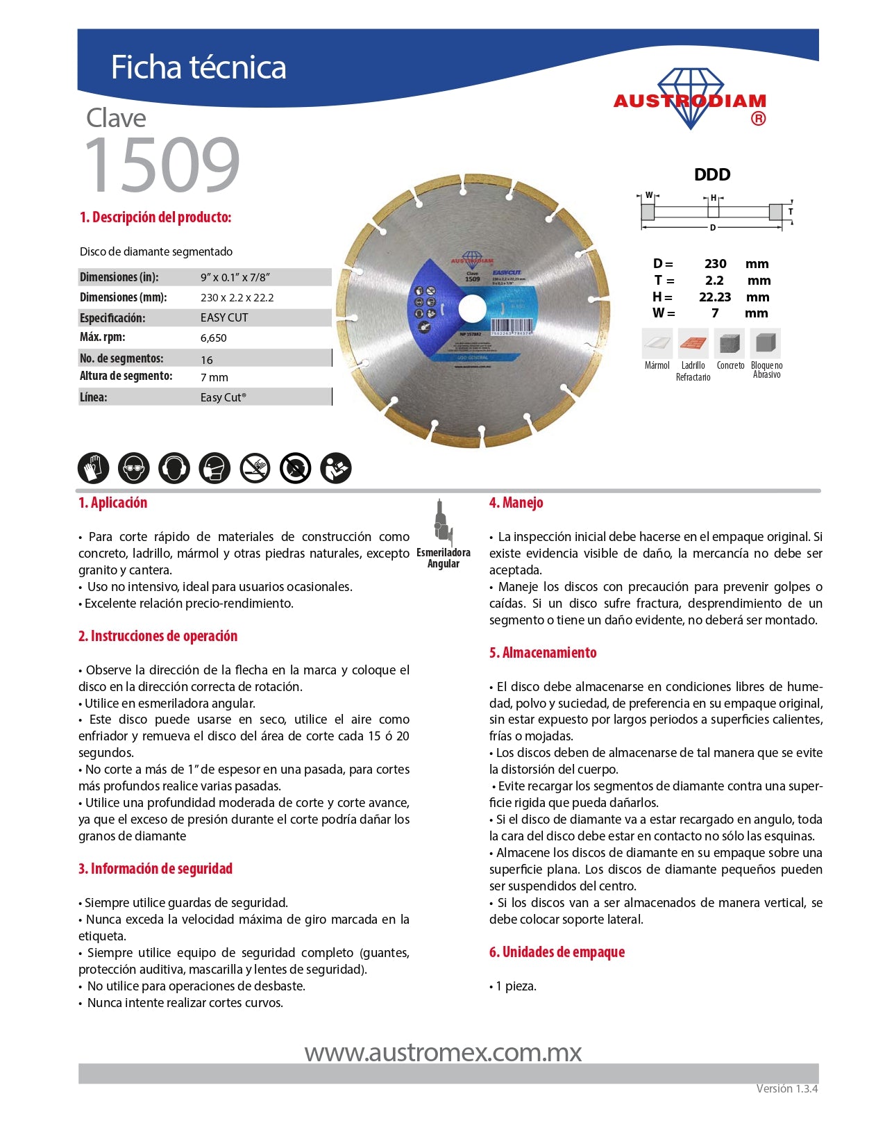 Disco de Diamante 9" RIN SEGM EASYCUT Mod. 1509 AUSTROMEX