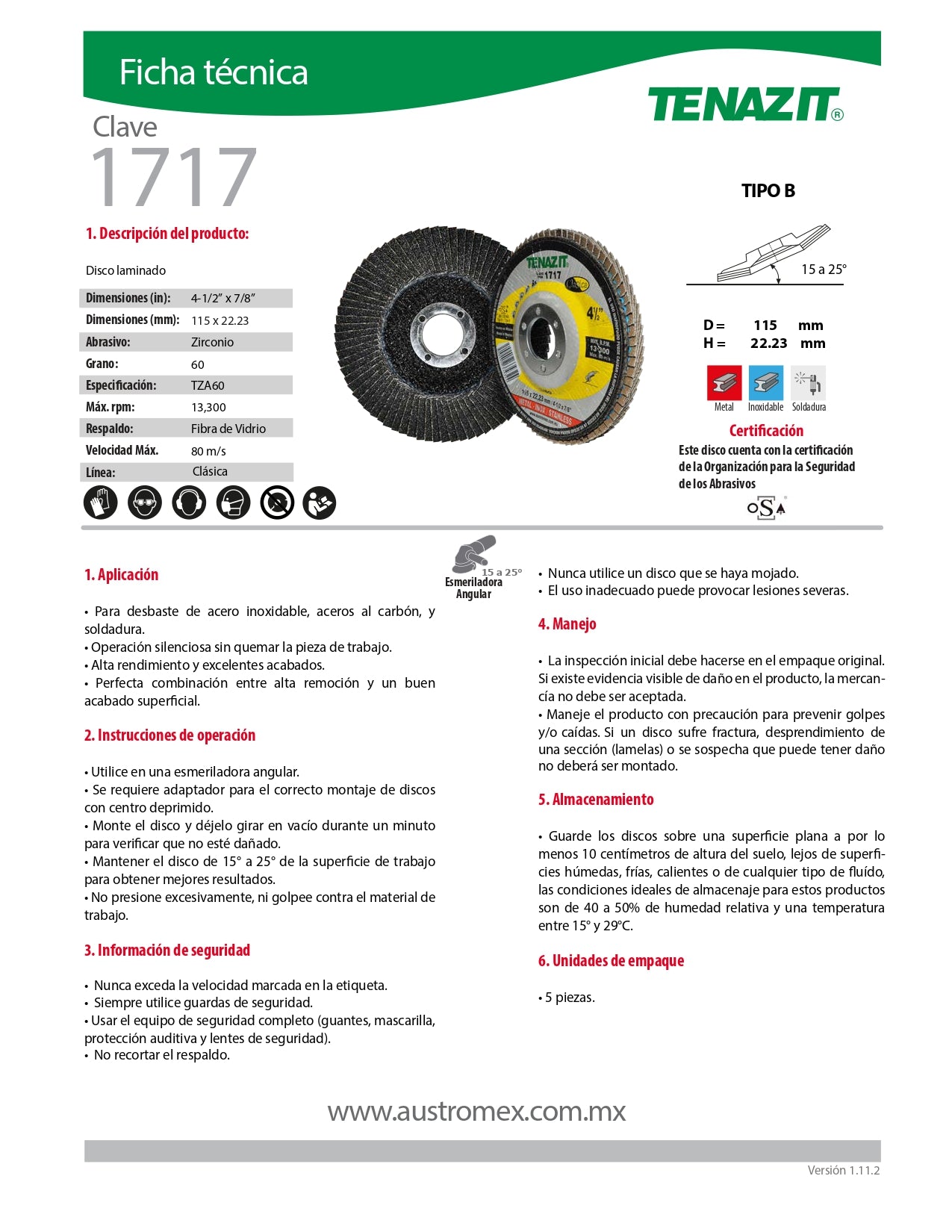 Disco Laminado 4-1/2 x7/8" TZA G-60 Mod. 1717 AUSTROMEX TENAZIT