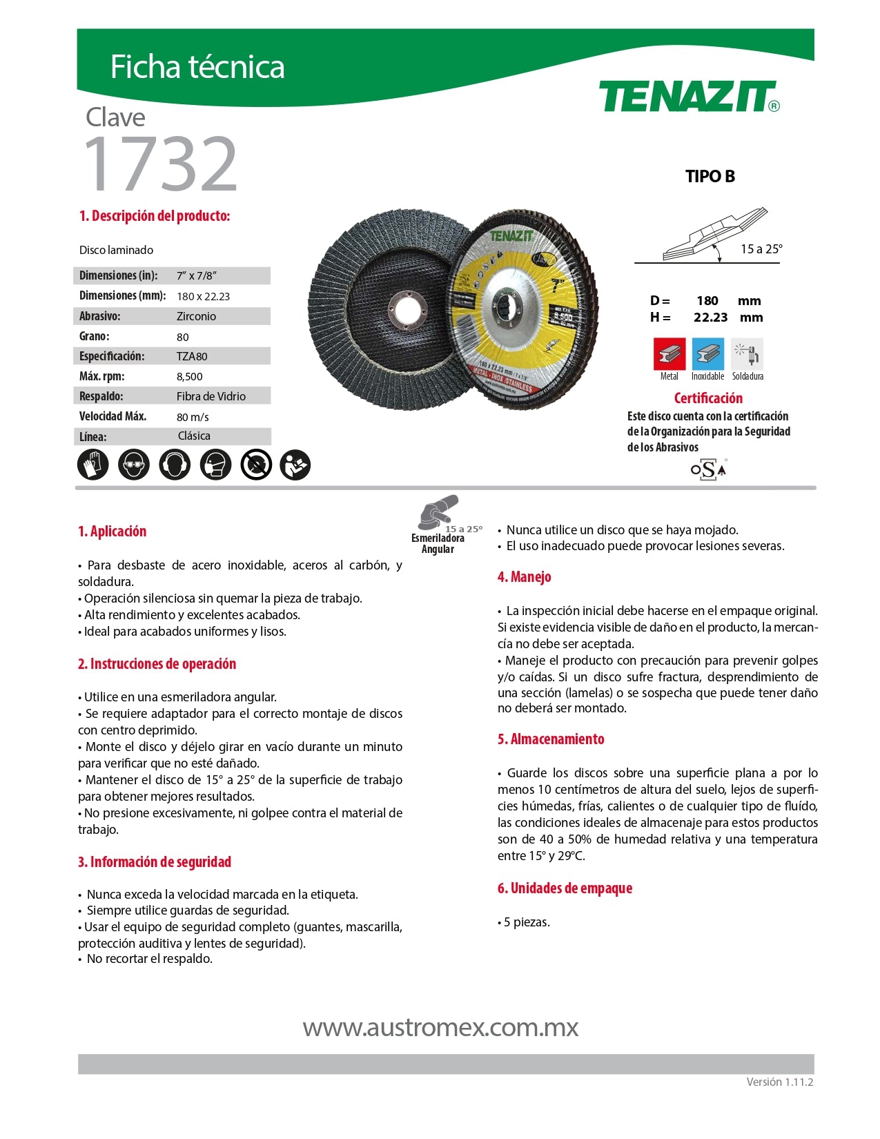 Disco Laminado 7 x7/8" TZA G-80 Mod. 1732 AUSTROMEX TENAZIT