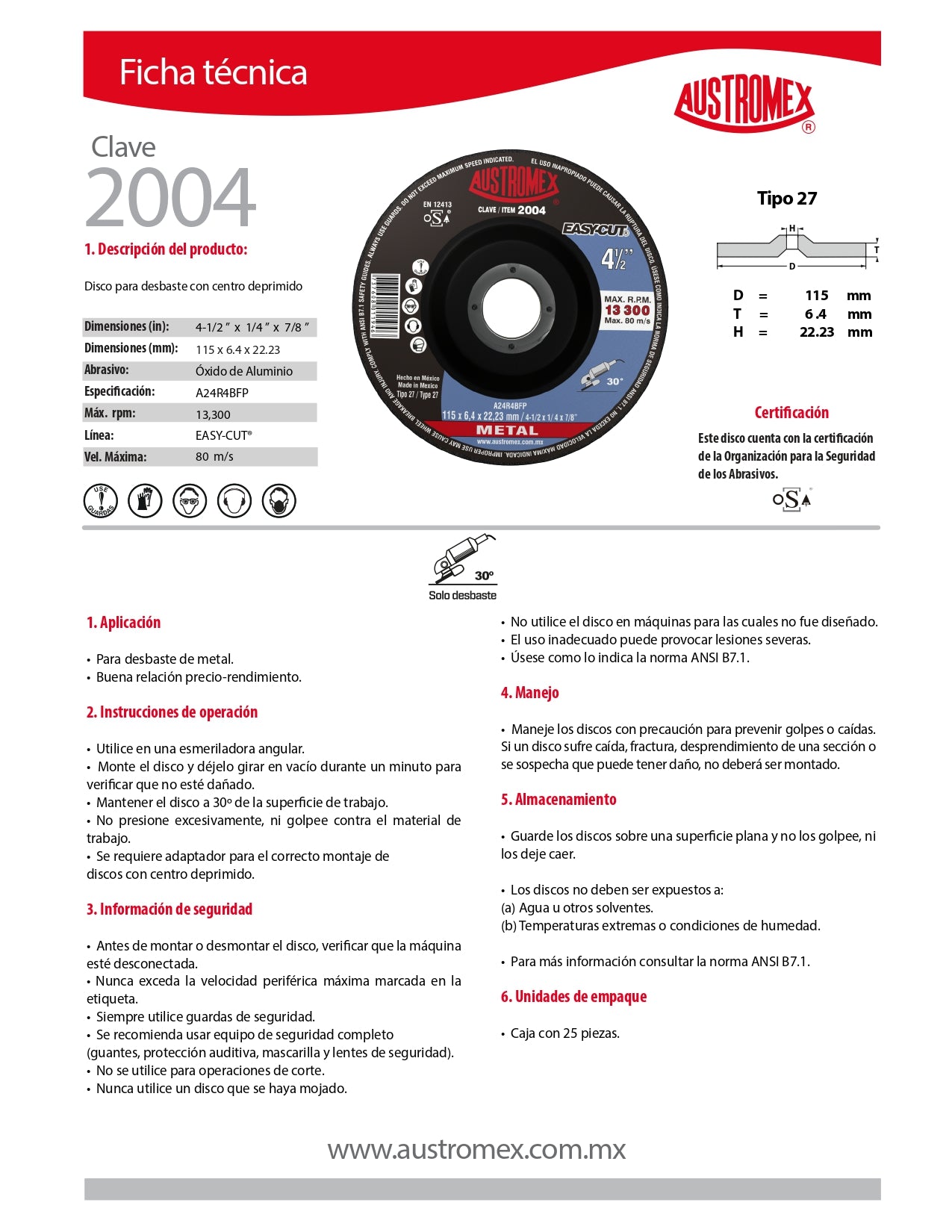 Disco para Desbaste de Metal 4-1/2”x1/4"x7/8" (27) EASYCUT Mod. 2004 AUSTROMEX