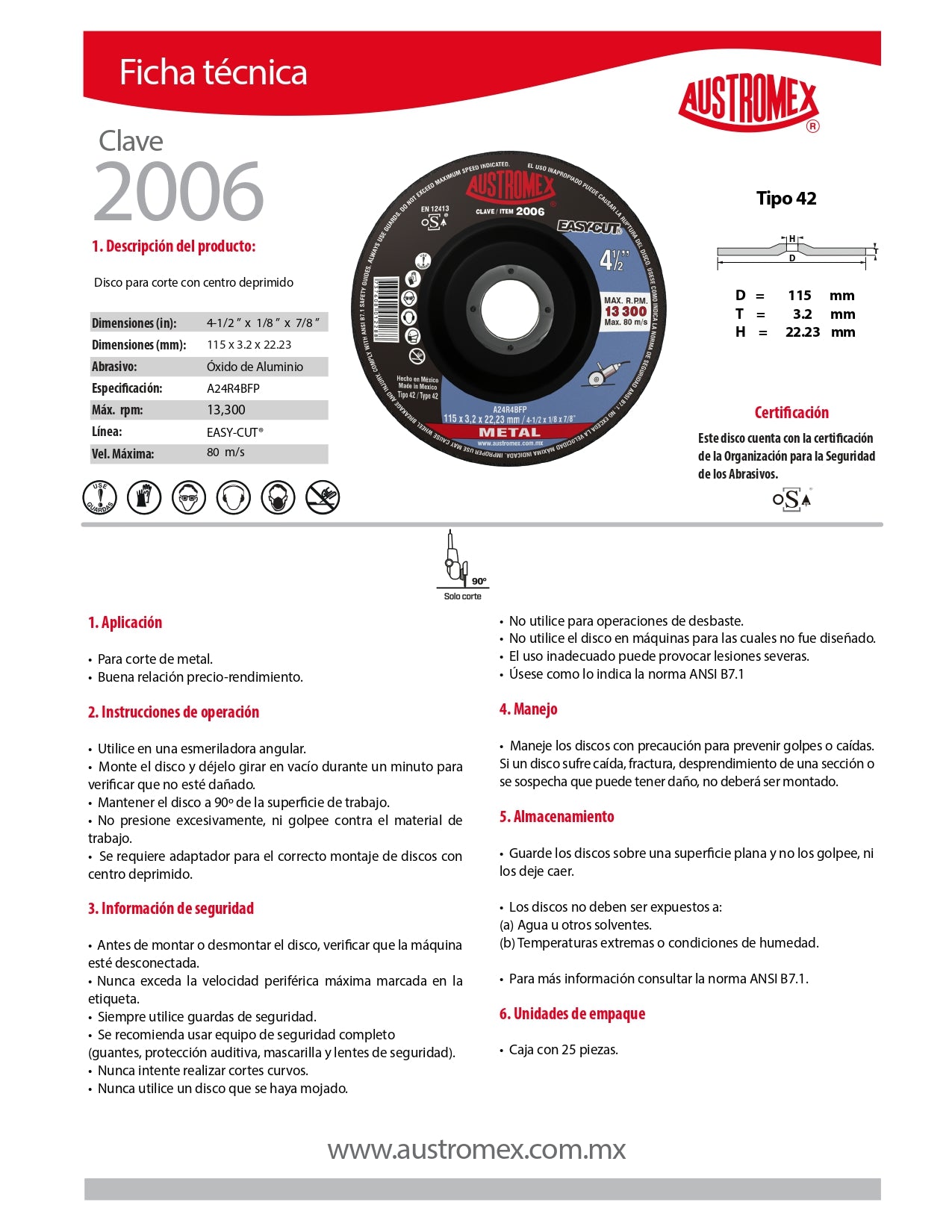 Disco para Corte de Metal 4-1/2 x1/8"x7/8" (42) EASYCUT Mod. 2006 AUSTROMEX