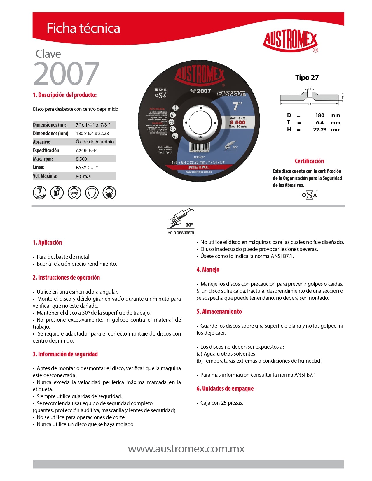 Disco para Desbaste de Metal 7x1/4"x7/8" (27) EASYCUT Mod. 2007 AUSTROMEX