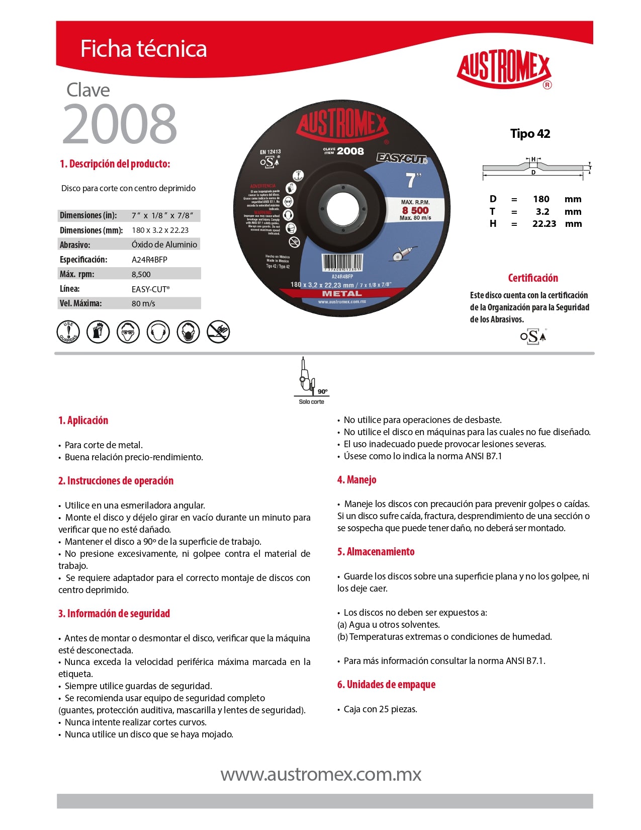 Disco para Corte de Metal 7 x1/8"x7/8" (42) EASYCUT Mod. 2008 AUSTROMEX