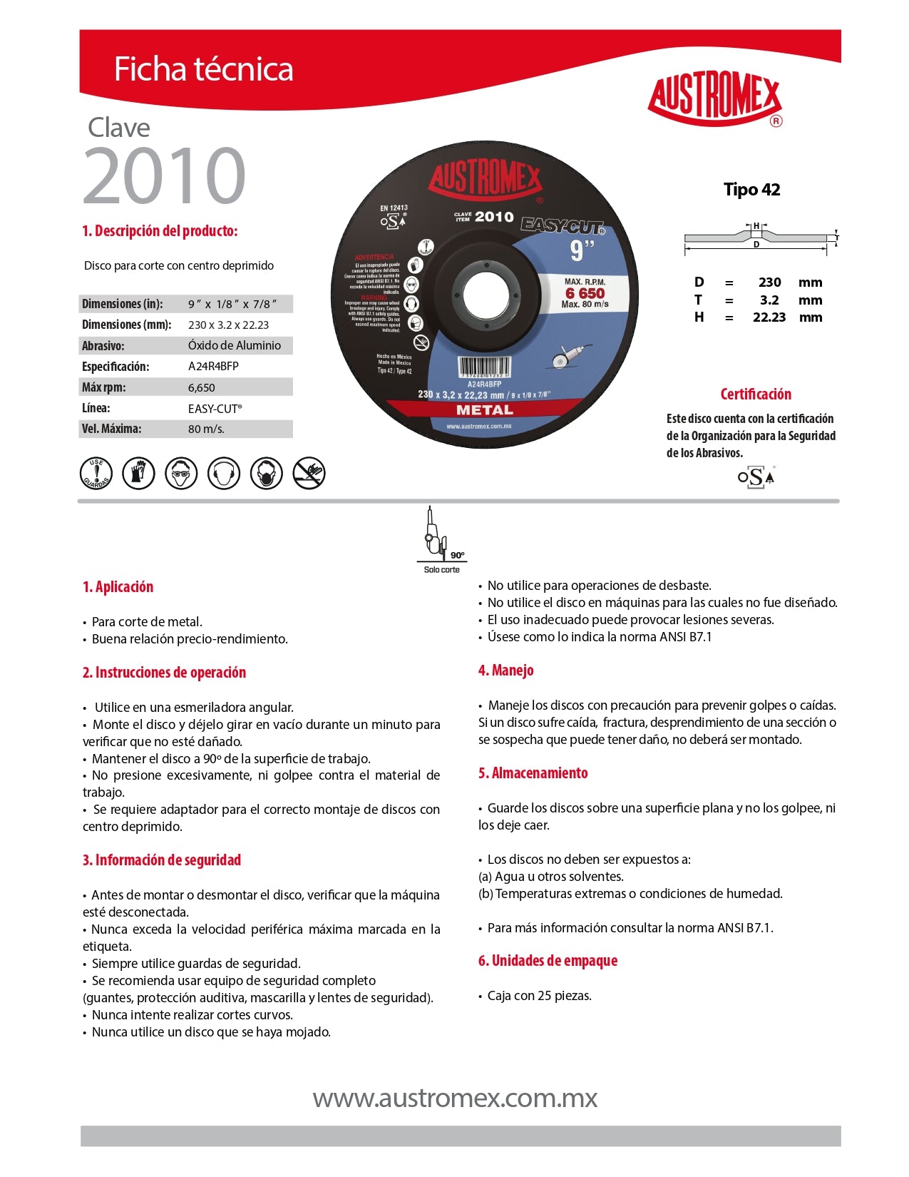 Disco para Corte de Metal 9 x1/8"x7/8" (42) EASYCUT Mod. 2010 AUSTROMEX