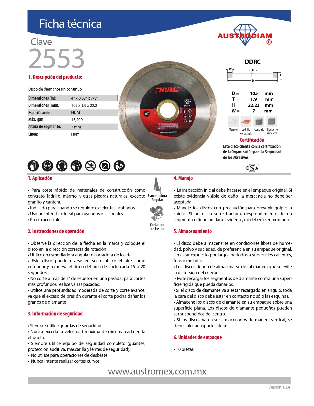 Disco de Diamante MARMOL CONT 4" HUM Mod. 2553 AUSTROMEX